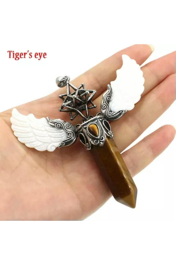 2pcs Natural Gemstone Crystal Wing Pendant Reiki Healing Amulet Energy Generator-2pcs Tiger's eye