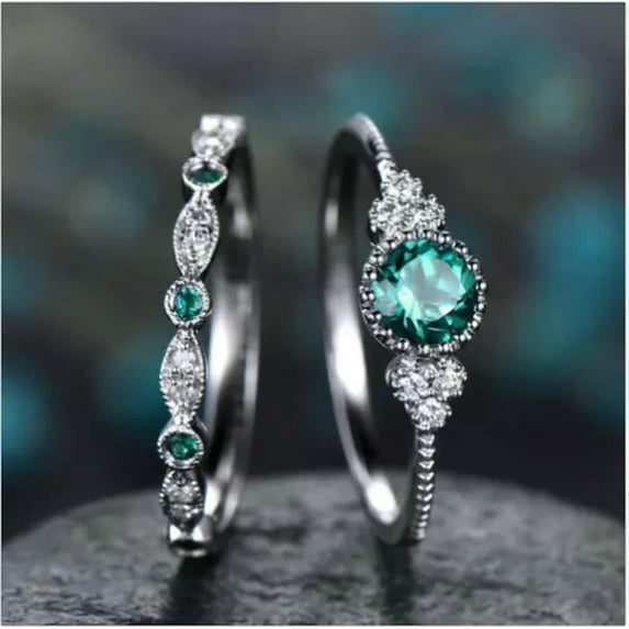 GKNET 2pcs/set Women's Wedding Set Rings Round Cut Emerald Ring Size 6-10-10-Green