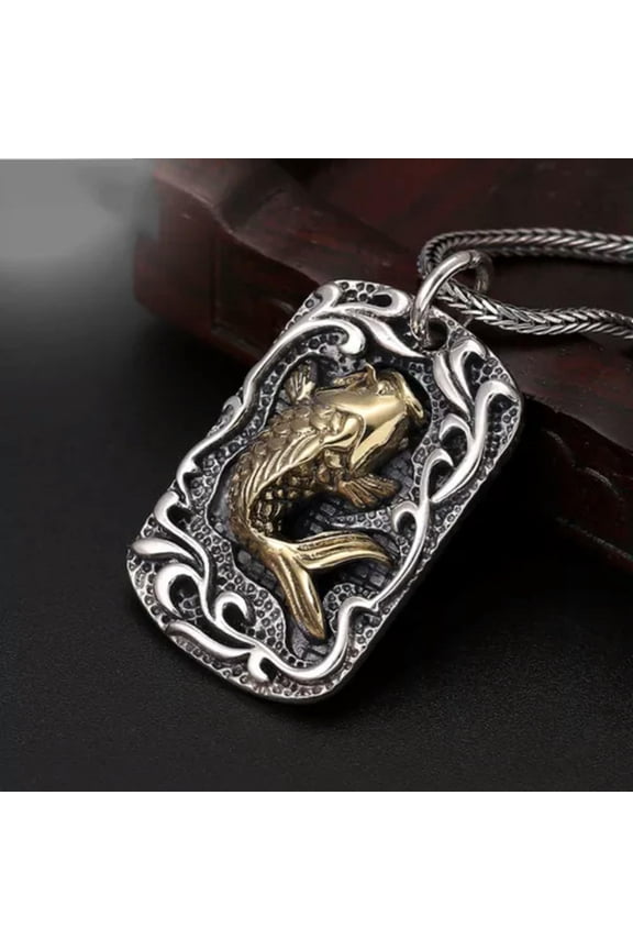 3.5CM Oblong Pendant Chinese Silver Retro Craved Lucky Koi Fish Pattern
