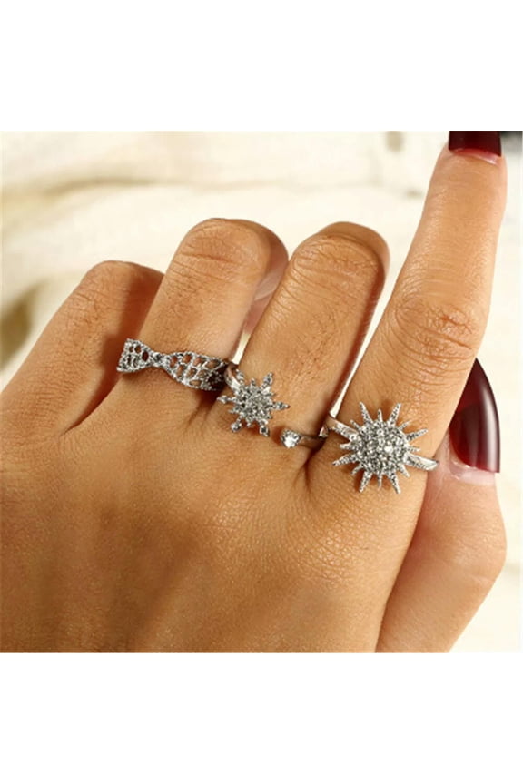 3 Pcs/set Fashion Bohemia Snowflake Crystal Gem Ring Sets Vintage Silver Jewelry