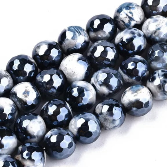 GKNET 3 Strands 8mm Natural Agate Beads Luster Faceted Round Gemstone 47pcs/strand-Dark Slate Gray