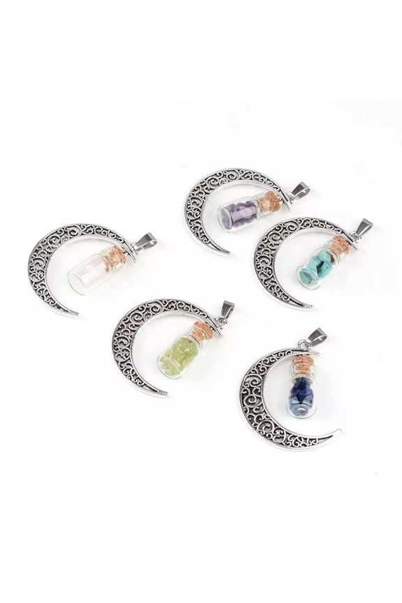 30PCS Moon Alloy Pendants with Glass Bottle inside Gemstone Mixed Color