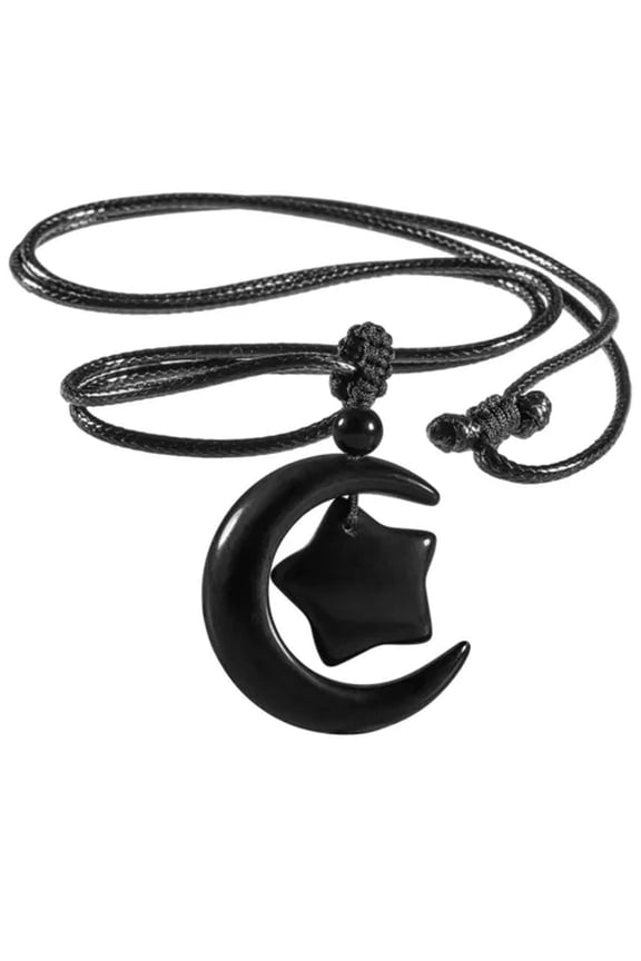 30mm Crystal Reiki Stone Crescent Moons Star Pendant Necklace Celestial Jewelry-Obsidian