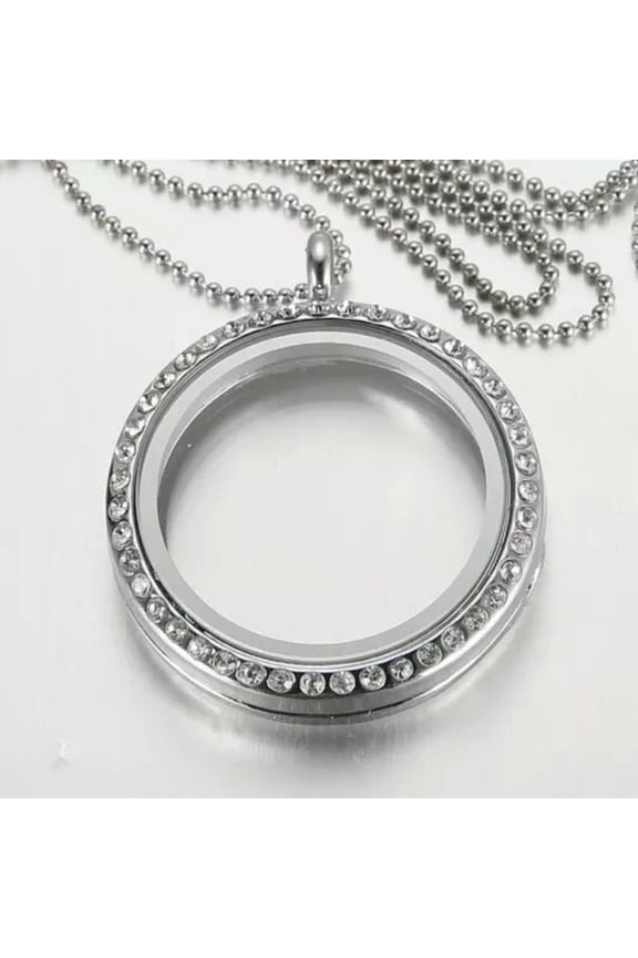 30mm Living Memory Floating Charms Glass Locket Pendant Necklace Chain Gifts New-Sliver-30mm Crystal