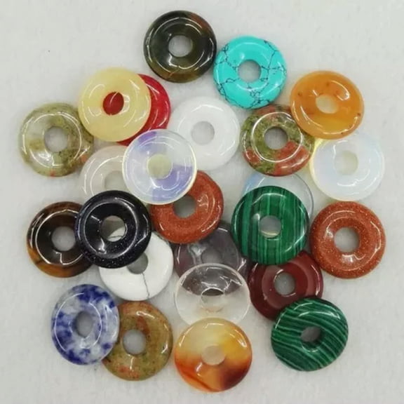 GKNET 30pcs Natural Mixed Gogo Donut Round Safety Buckle Stone Beads Hole 18mm Making
