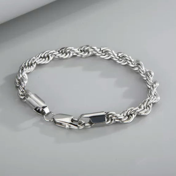 GKNET 316L Stainless Steel Rope Chain Bracelet Titanium Steel 18K Gold Plated Bangle-Silver-7.5 in-4mm