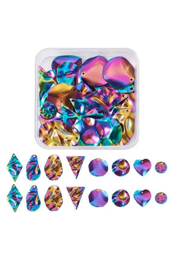 32pcs Stainless Steel Flat Round Triangle Heart Pendants Charms Rainbow Color