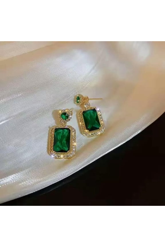 3Pcs Emerald Crystal Titanium Steel Necklace Earring High-end Design Delicate Jewelry WY4