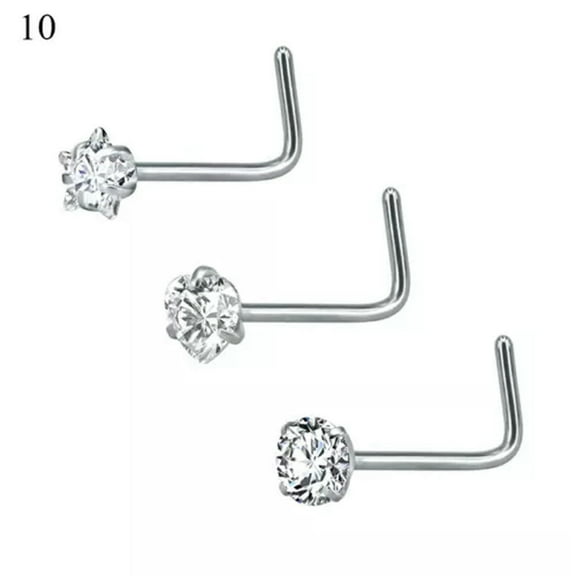 GKNET 3Pcs Surgical Steel L Shaped Nose Stud Rings Piercing Delicate Jewelry Zircon Nose Ring-10