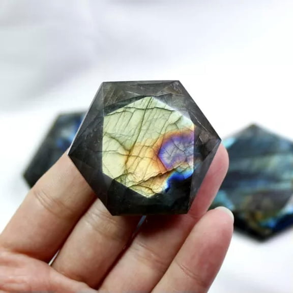 GKNET 40~140G Hexagon - Natural Labradorite Quartz Crystal 3D Hexagon Star Palm Stone-4~5cm (about 40g)