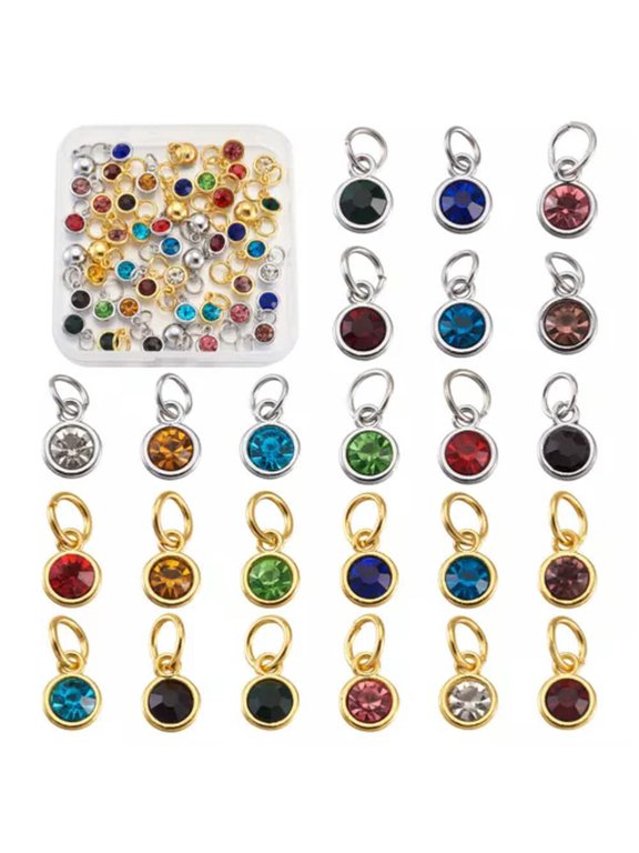 48pcs Crystal Birthstone Charms Tiny Round Rhinestone Dangle Pendants with Loop-D - Mixed Color