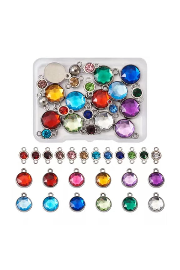 48pcs Crystal Birthstone Charms Tiny Round Rhinestone Dangle Pendants with Loop-E - Mixed Color