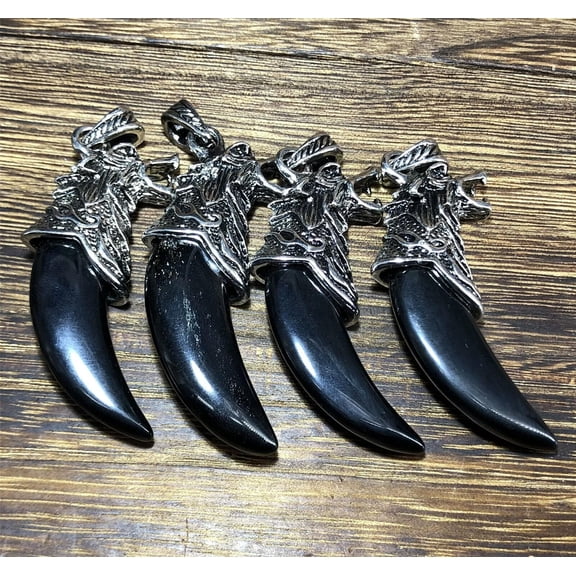 GKNET 4pcs Natural Obsidian Wolf Fang Pendant Quartz Crystal Necklace Reiki Healing