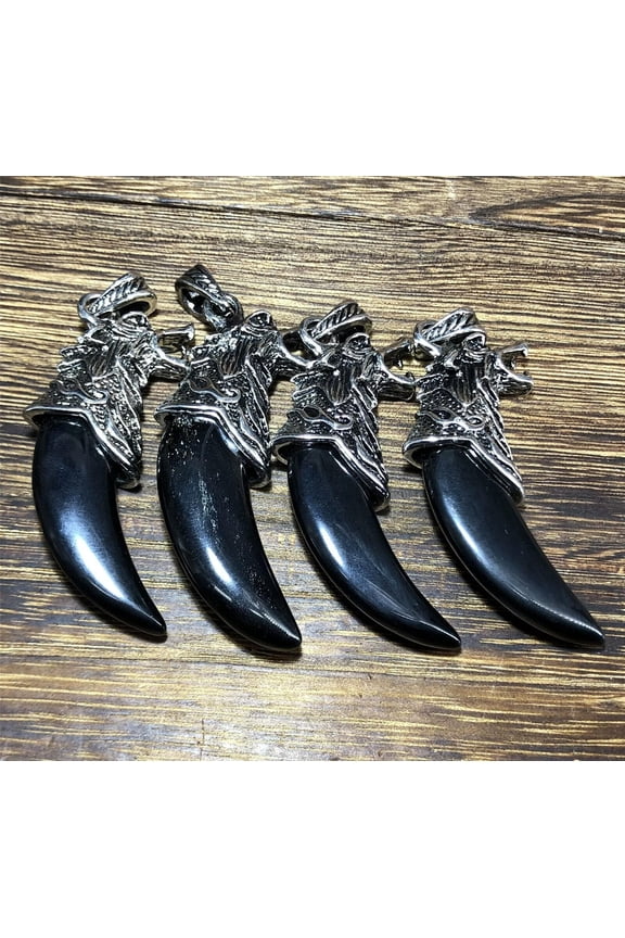 4pcs Natural Obsidian Wolf Fang Pendant Quartz Crystal Necklace Reiki Healing