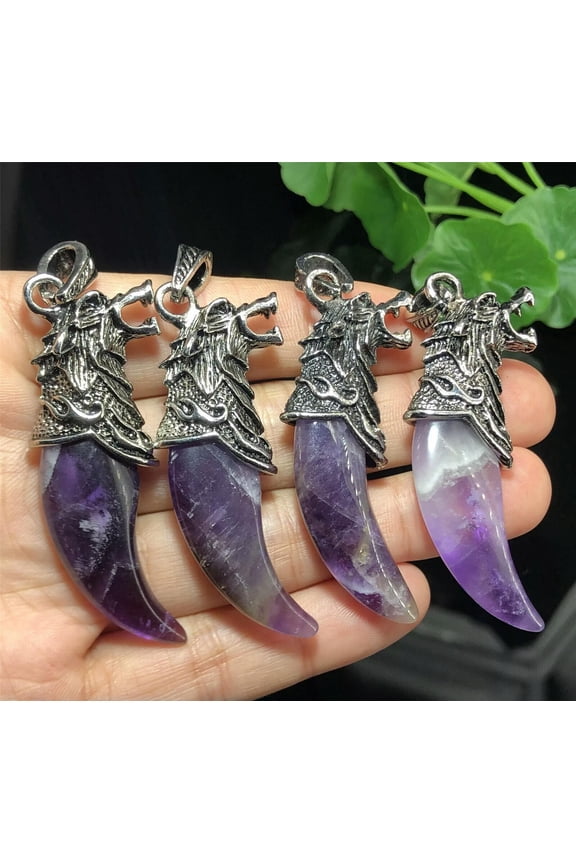 4pcs Natural y Amethyst Wolf Teeth Pendant Quartz Crystal Skull Carved Gem