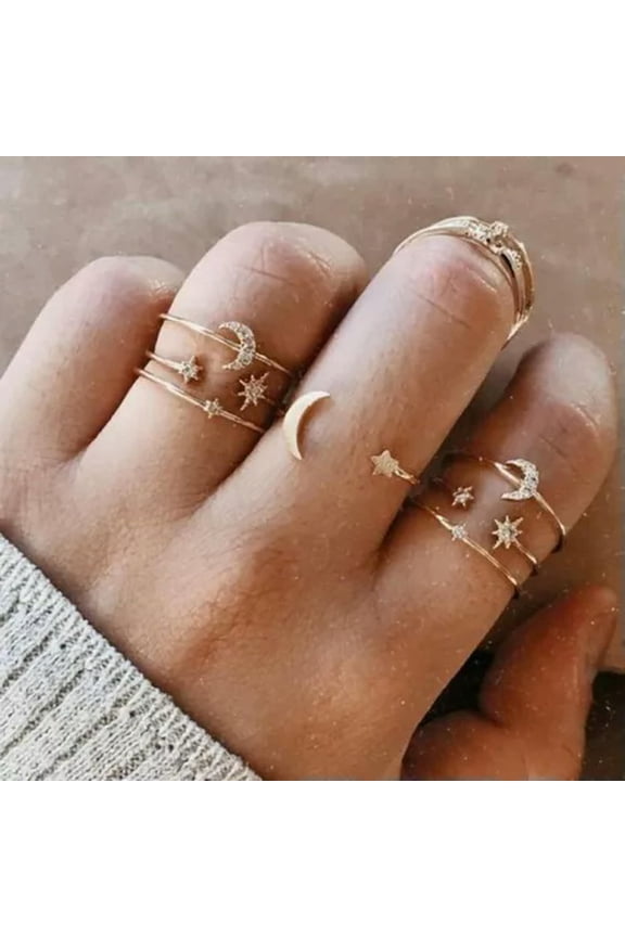 5-10pcs Butterfliy Flower Moon Crystal Knuckle Midi Finger Rings Women Jewelry-7pcs Moon Star thin Ring
