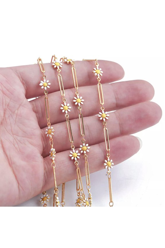 50CM Copper Enamel Flower Daisy Chain,Real Gold Plated Paperclip Chain Jewelry