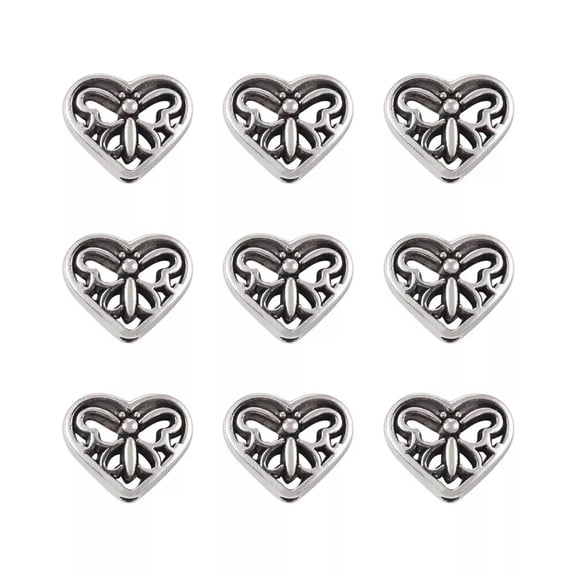GKNET 50Pcs Antique Silver Hollow Heart Spacer Beads Butterfly Pattern 10x12mm