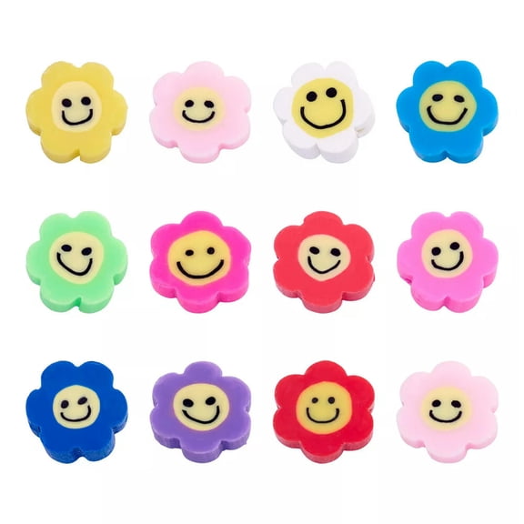 GKNET 50Pcs Flower Smiley Face Beads 10mm Polymer Clay Spacer Bead Random Mixed