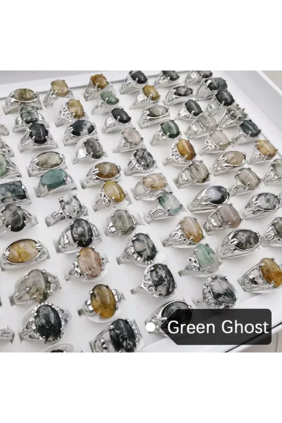 50Pcs Wholesale Lot Mixed Ring Natural Stone Rings Women Gemstone Delicate Jewelry Bulk-Green ghost