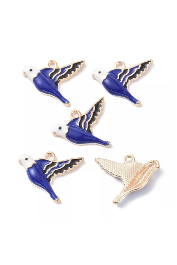 50pcs Alloy Enamel Pendant Bird Dark Blue 17x20x3mm Light Gold Dangle Charms