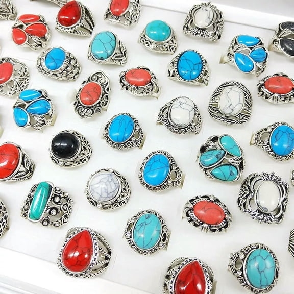 GKNET 50pcs Men's Delicate Jewelry Wholesale Bulk Lots Mixed Fashion Turquoise Alloy Rings