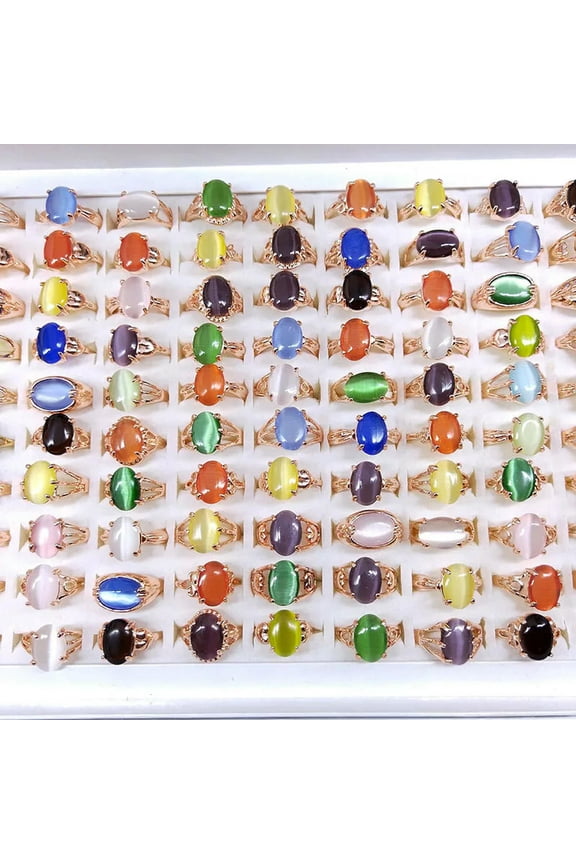 50pcs Wholesale Lots Mixed Style Cat's-eye Stone Rings For Women Silver P Ring