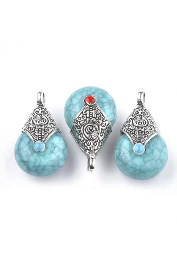 50x Resin Teardrop Pendants Drop Dangle Charms Carved Metal Bead Cap 28x16x14mm-Turquoise