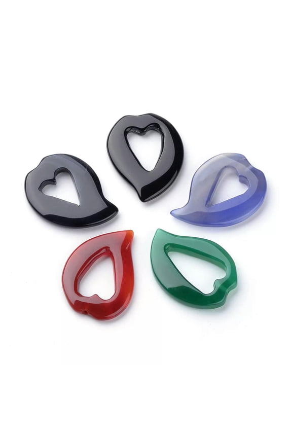 5PCS Dyed Natural Agate Pendants Heart-Shaped Hollow Gems Charms Mixed Color