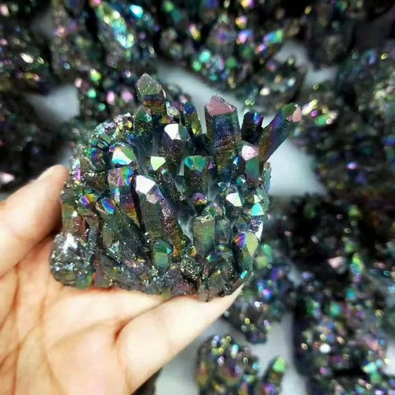 GKNET 5Pcs Large Natural Rainbow Aura Titanium Quartz Crystal Cluster VUG Rock Healing-default