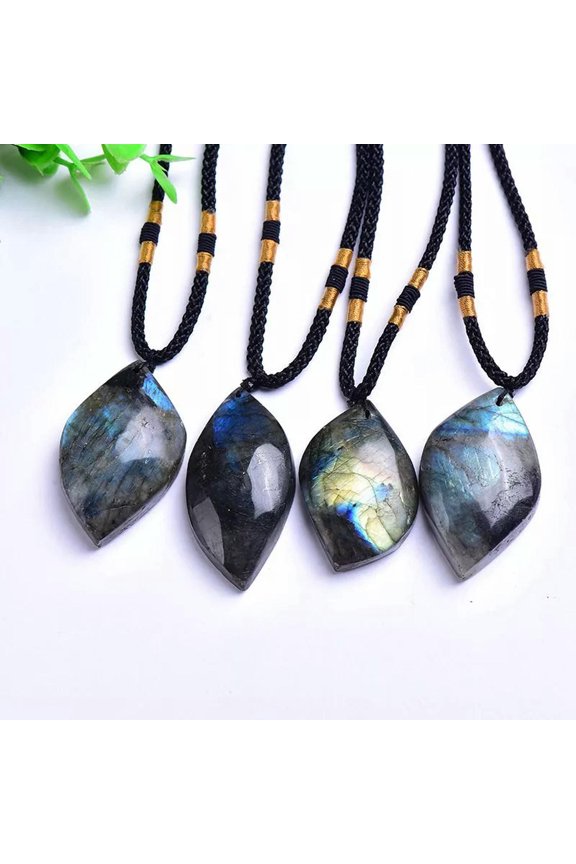 5Pcs Natural Labradorite Leaf Shape Pendant Quartz Crystal Stone Necklace Amulet