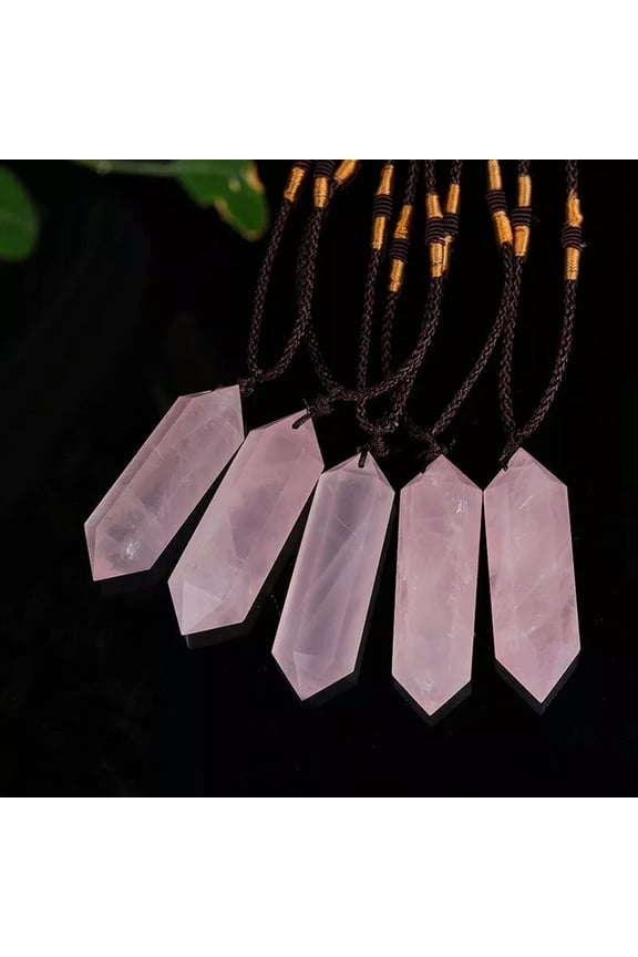5Pcs Natural Pink Rose Stone Quartz Crystal Pendant Healing Point Wand Necklace