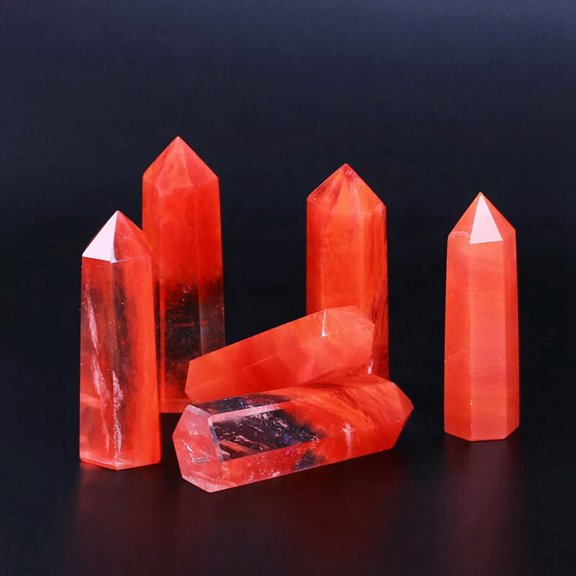GKNET 5Pcs Natural Red Smelting Stone Quartz Crystal Point Wand Obelisk Rock Healing-default