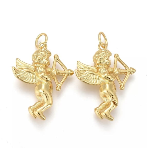 GKNET 5pcs Brass Pendants Cupid Golden 28x22mm Necklace Arrow Charms Dangle