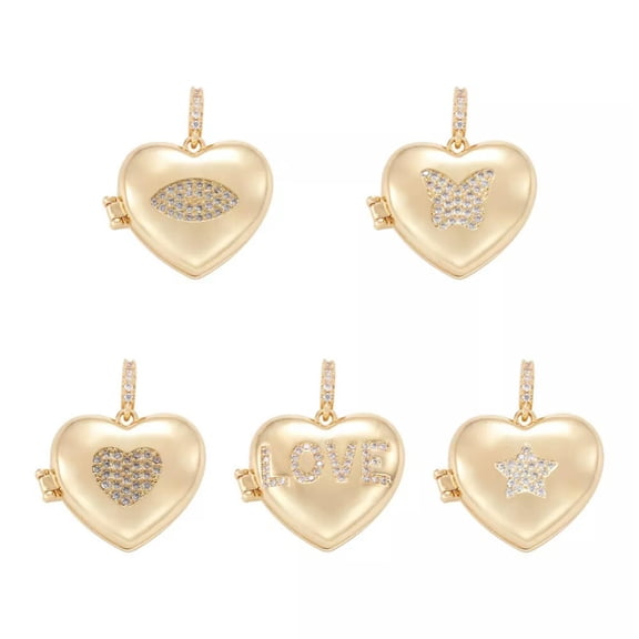 GKNET 5pcs Essential Oil Diffuser Locket Pendants Heart Gold Brass Cubic Zirconia