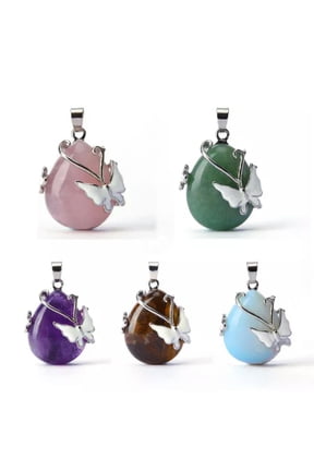 5pcs Natural Amethyst Rose Quartz Opalite Gem Butterfly Waterdrop Stone Pendant