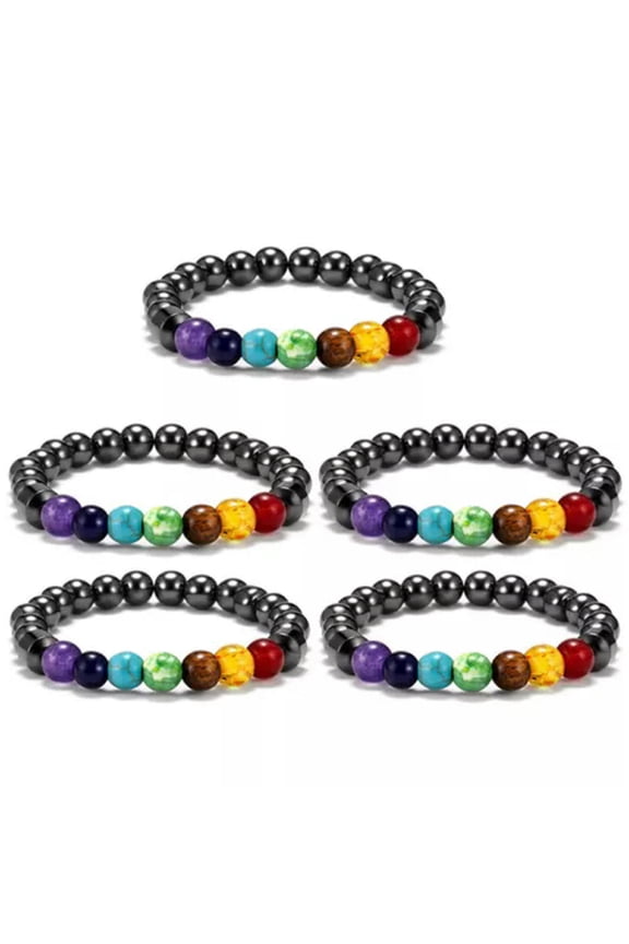 5pcs Natural Stone Hematite 7 Chakra Bracelet Healing Balance Bead Pain Relief-5PCS