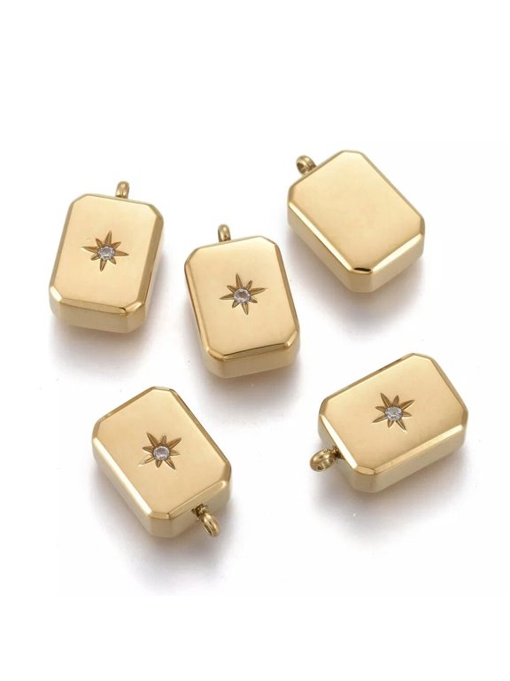 5pcs Stainless Steel Charms Golden Octagon with Star Crystal Rhinestone 14x9x4mm