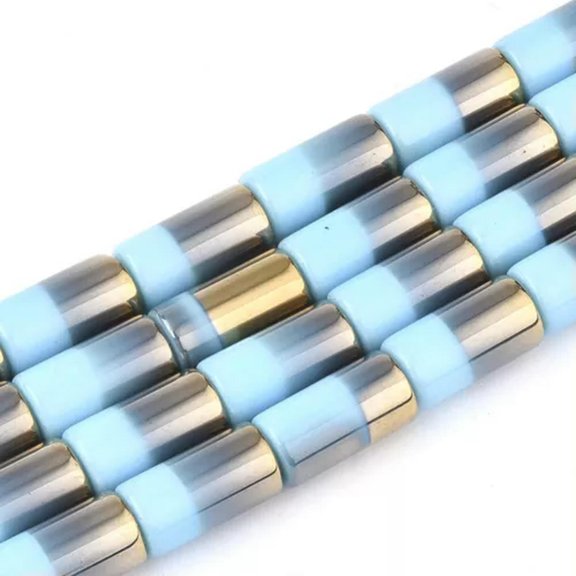 GKNET 5strands Half Electroplate Opaque Glass Beads Column 20x10mm 17pcs/strand-Light Sky Blue