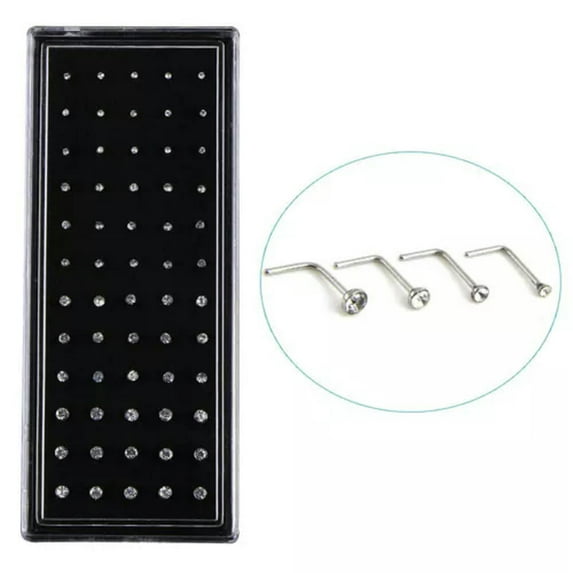 GKNET 60PCS L Style Crystal Rhinestone Nose Ring Bone Stud Steel Piercing Delicate Jewelry WY4-White
