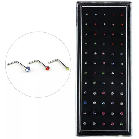 GKNET 60PCS/Set Stainless Steel CZ Crystal L Shape Nose Ring Body Piercing Stud_H2fp-Multicolor