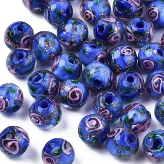 GKNET 60pcs Gold Sand Lampwork Beads 8mm Flower Loose Bead Multi-Color for DIY Crafts-Blue