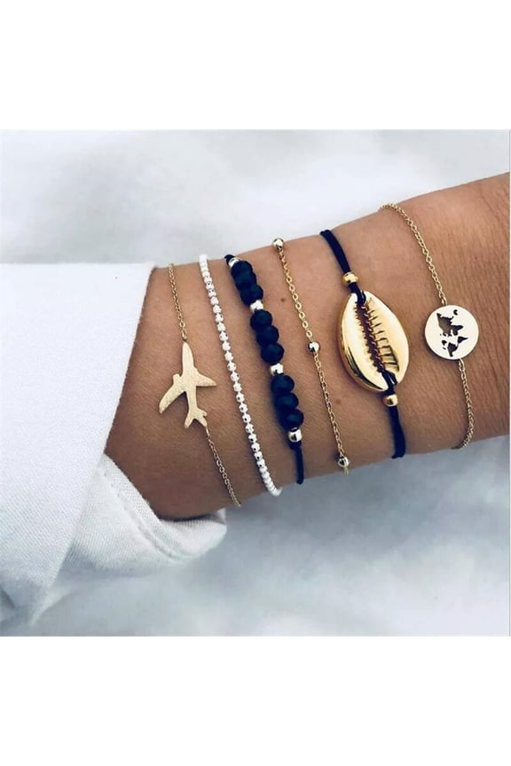6Pcs Fashion Women Boho Shell Airplane Beads Hollow Map Bracelet Bangle Jewelry