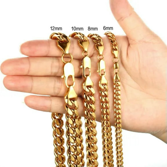 GKNET 6mm-12mm Men's Hip Hop Stainless Steel Cuban Link Chain Necklace 18K Gold Plated-8inch Bracelet-10mm