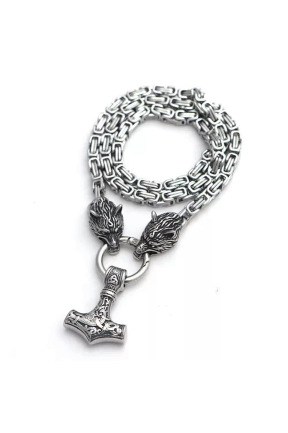 6mm Silver Stainless Steel Wolf Head Thor's Hammer Pendant Byzantine Necklaces-80cm(32in) Necklace