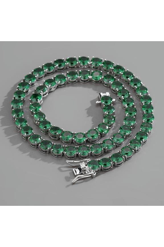 7Mm Emerald Zircon Cuban Geometry Necklace Tennis Chain Hiphop Chain-24inch(60cm)