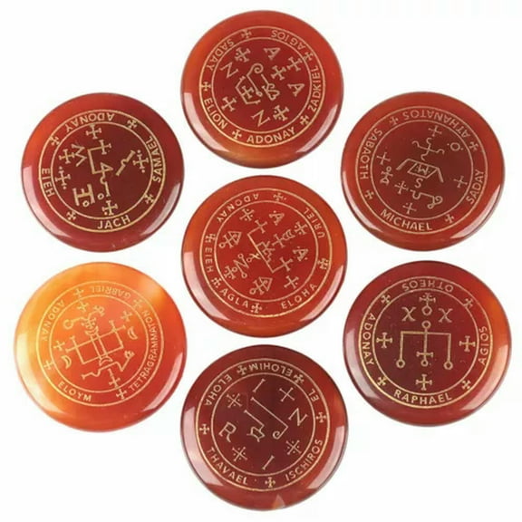 GKNET 7Pcs Natural Crystal Palm Stone Engraved Circle Magic Archangel Healing Amulet-Red Agate