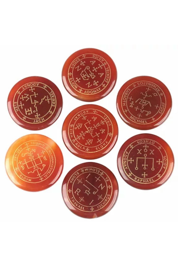 7Pcs Natural Crystal Palm Stone Engraved Circle Magic Archangel Healing Amulet-Red Agate