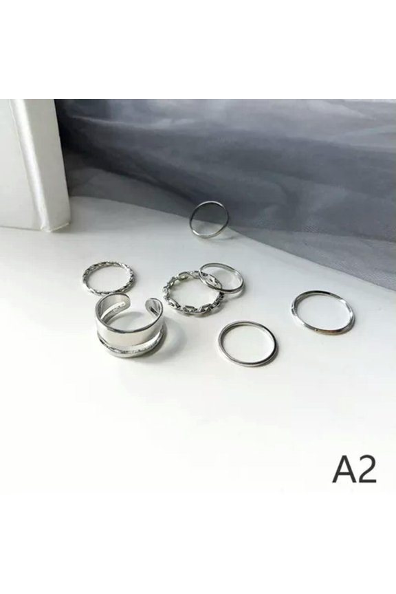 7pcs Fashion Delicate Jewelry Rings Set Hot Selling Metal Hollow Round Opening WY4-Silver-