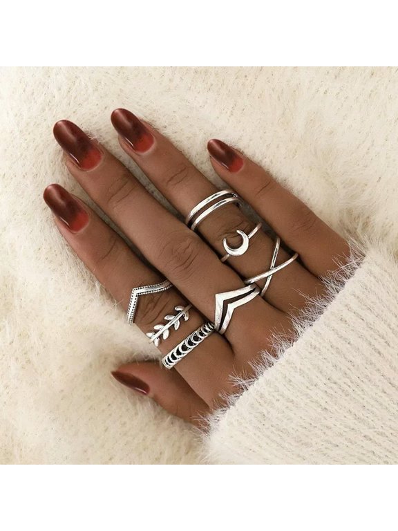 7pcs Simple Leaf Moom Knuckle Midi Finger Tip Rings Set Women Jewellery Gift New
